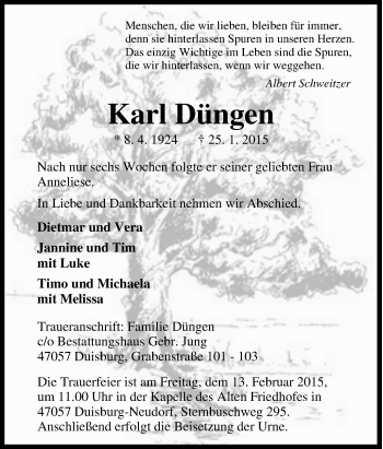 Traueranzeige von Karl Düngen von Tageszeitung