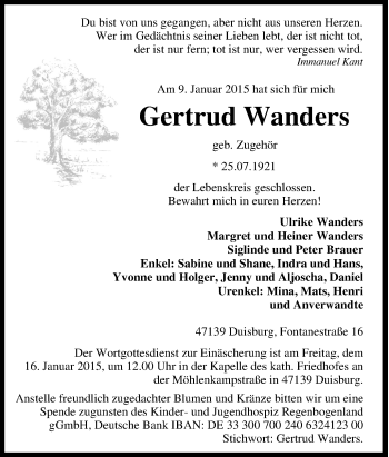 Traueranzeige von Gertrud Wanders von Tageszeitung