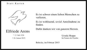 Traueranzeige von Elfriede Arens von Tageszeitung