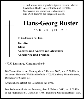 Traueranzeige von Hans-Georg Ruster von Tageszeitung