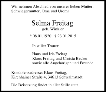 Traueranzeige von Selma Freitag von Tageszeitung