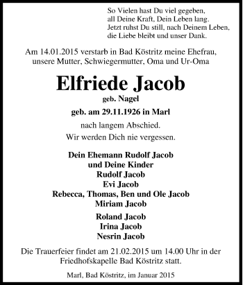 Traueranzeige von Elfriede Jacob von Tageszeitung