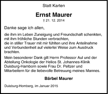 Traueranzeige von Ernst Maurer von Tageszeitung