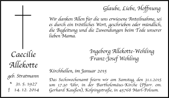 Traueranzeige von Caecilie Allekotte von Tageszeitung