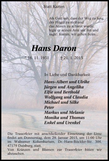 Traueranzeige von Hans Daron von Tageszeitung