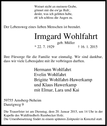 Traueranzeige von Irmgard Wohlfahrt von Tageszeitung