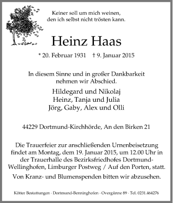 Traueranzeige von Heinz Haas von Tageszeitung