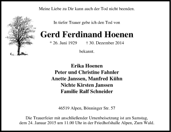 Traueranzeige von Gerd Ferdinand  Hoenen von Tageszeitung