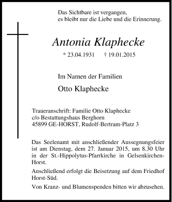 Traueranzeige von Antonia Klaphecke von Tageszeitung