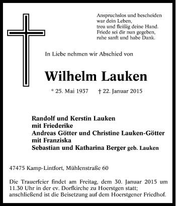 Traueranzeige von Wilhelm Lauken von Tageszeitung