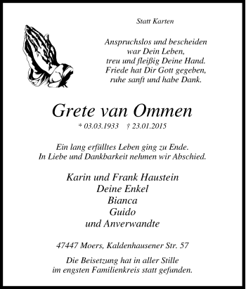 Traueranzeige von Grete  van Ommen von Tageszeitung