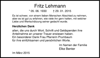 Traueranzeige von Fritz Lehmann von Tageszeitung