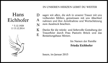 Traueranzeige von Hans Eichhofer von Tageszeitung