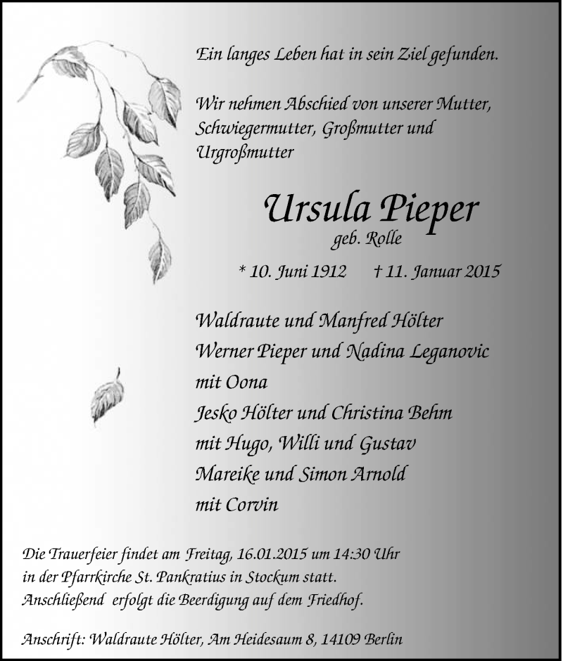  Traueranzeige für Ursula Pieper vom 15.01.2015 aus Tageszeitung