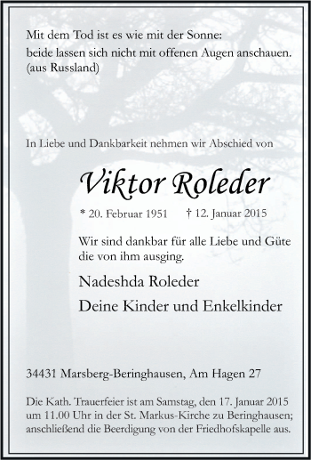 Traueranzeige von Viktor Roleder von Tageszeitung