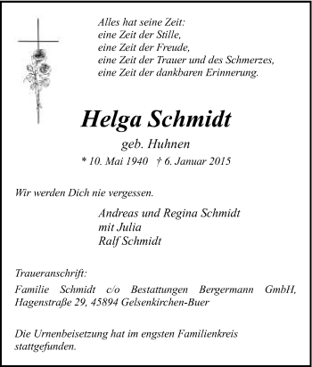 Traueranzeige von Helga Schmidt von Tageszeitung