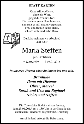 Traueranzeige von Maria Steffen von Tageszeitung