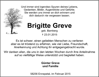 Traueranzeige von Brigitte Greve von Tageszeitung