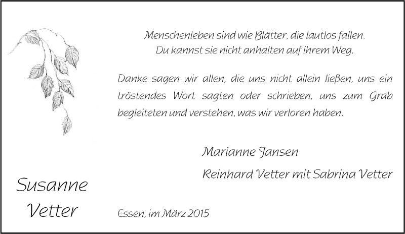  Traueranzeige für Susanne Vetter vom 24.01.2015 aus Tageszeitung