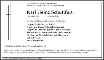 Traueranzeige von Karl Heinz Schüttfort von Tageszeitung