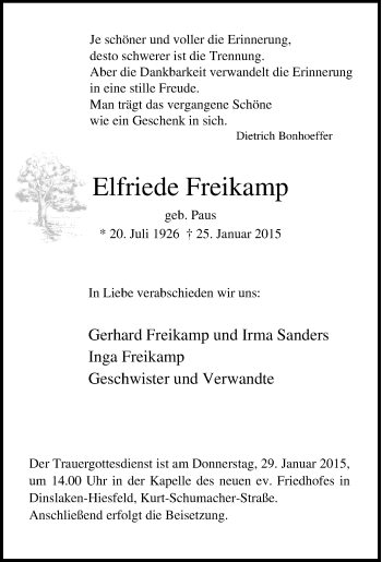 Traueranzeige von Elfriede Freikamp von Tageszeitung