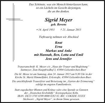 Traueranzeige von Sigrid Meyer von Tageszeitung