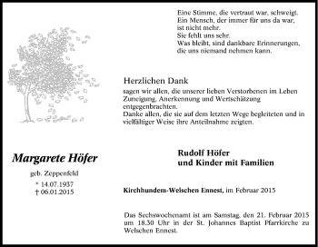 Traueranzeige von Margarete Höfer  von Tageszeitung