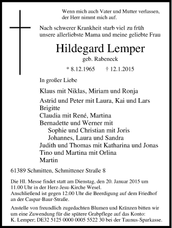 Traueranzeige von Hildegard Lemper von Tageszeitung