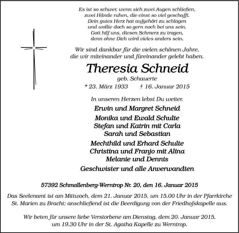  Traueranzeige für Theresia Schneid vom 19.01.2015 aus Tageszeitung
