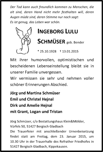 Traueranzeige von Ingeborg Lulu Schmüser von Tageszeitung