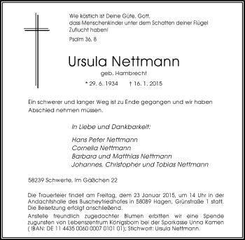 Traueranzeige von Ursula Nettmann von Tageszeitung