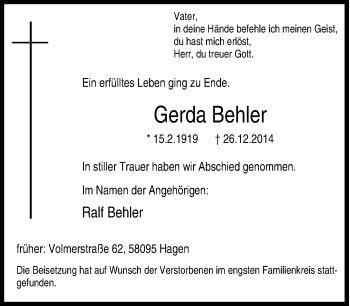 Traueranzeige von Gerda Behler von Tageszeitung
