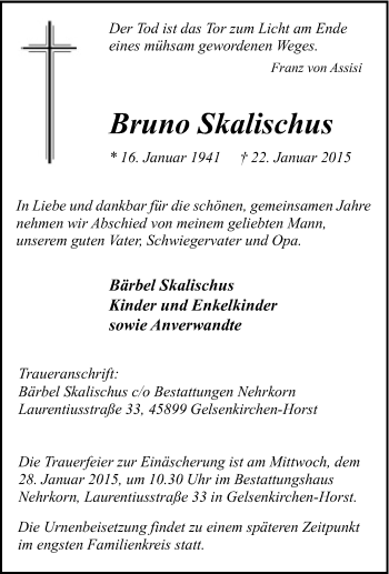 Traueranzeige von Bruno Skalischus von Tageszeitung