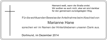 Traueranzeige von Marianne Hane von Tageszeitung