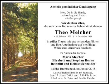 Traueranzeigen von Theo Melcher TrauerinNRW.de
