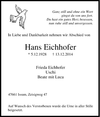 Traueranzeige von Hans Eichhofer von Tageszeitung