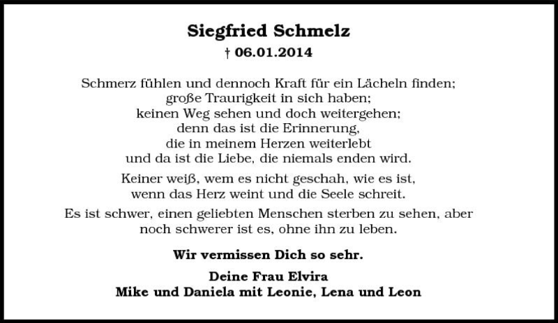  Traueranzeige für Siegfried Schmelz vom 06.01.2015 aus Tageszeitung