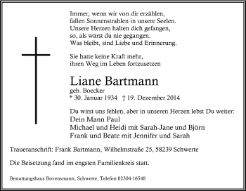 Traueranzeige von Liane Bartmann von Tageszeitung