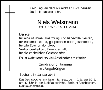 Traueranzeige von Niels Weismann von Tageszeitung