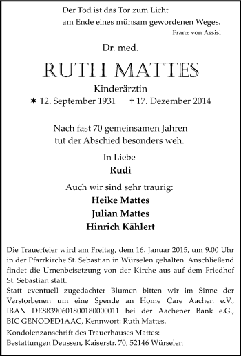 Traueranzeige von Ruth Mattes von Tageszeitung