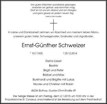 Traueranzeige von Ernst-Günther Schweizer von Tageszeitung