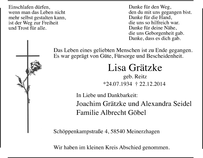  Traueranzeige für Lisa Grätzke vom 03.01.2015 aus Tageszeitung