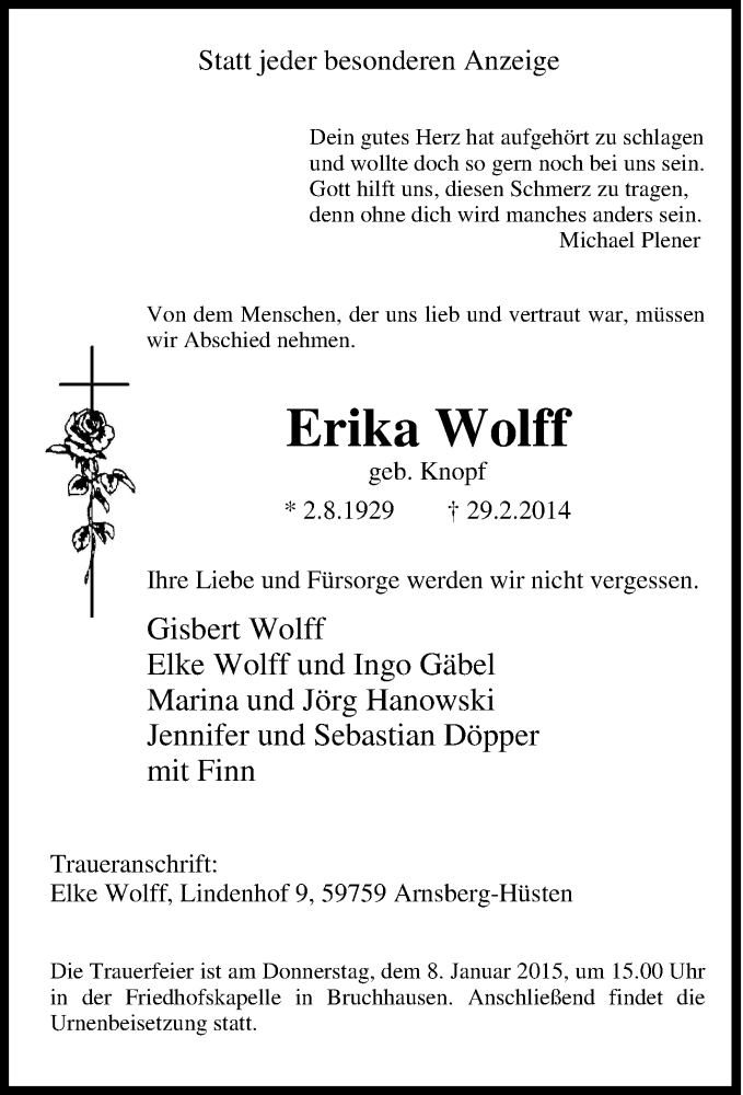  Traueranzeige für Erika Wolff vom 03.01.2015 aus Tageszeitung