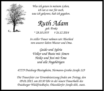Traueranzeige von Ruth Adam von Tageszeitung