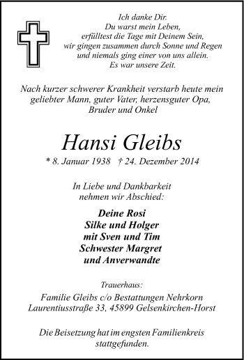 Traueranzeige von Hansi Gleibs von Tageszeitung