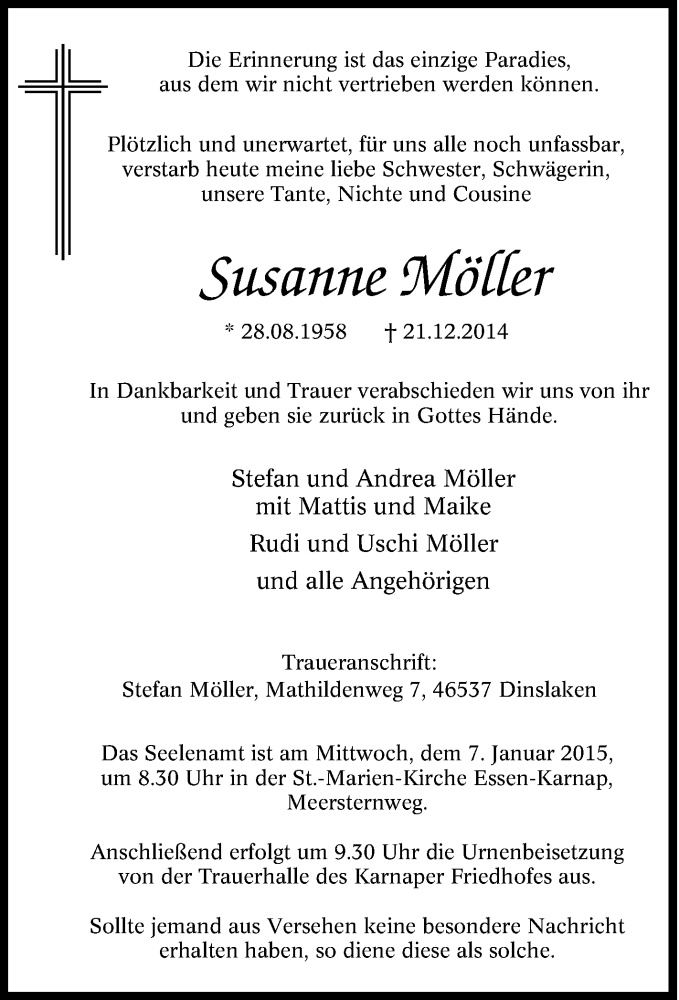  Traueranzeige für Susanne Möller vom 03.01.2015 aus Tageszeitung