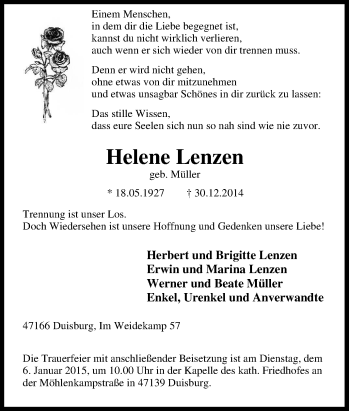Traueranzeige von Helene Lenzen von Tageszeitung