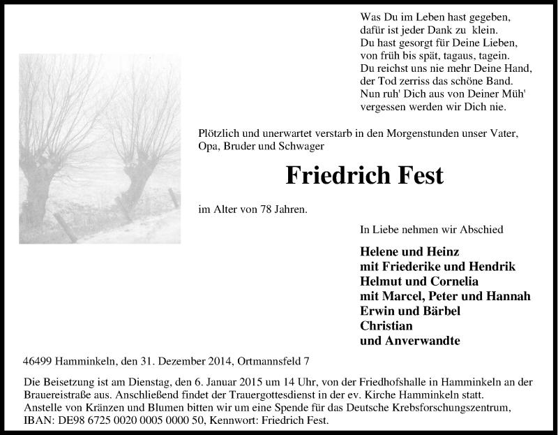  Traueranzeige für Friedrich Fest vom 02.01.2015 aus Tageszeitung