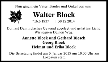Traueranzeige von Walter Block von Tageszeitung