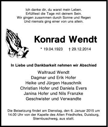Traueranzeige von Konrad Wendt von Tageszeitung